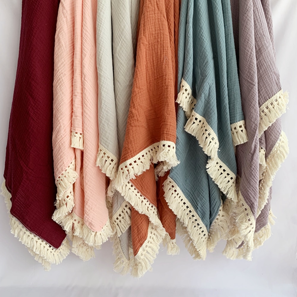 Cotton Muslin Baby Swaddle Blanket with Tassels Cotton Muslin Baby Swaddle Blanket with Tassels