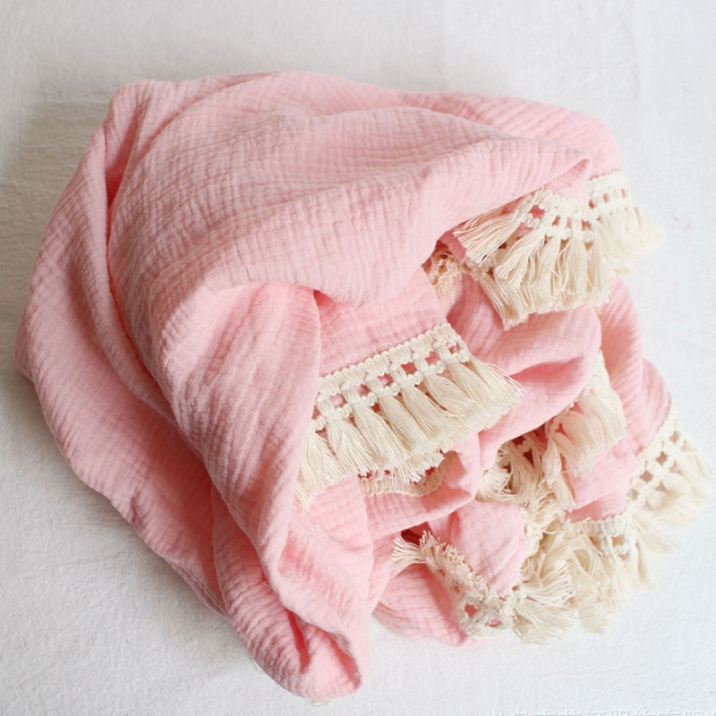 Cotton Muslin Baby Swaddle Blanket with Tassels Cotton Muslin Baby Swaddle Blanket with Tassels