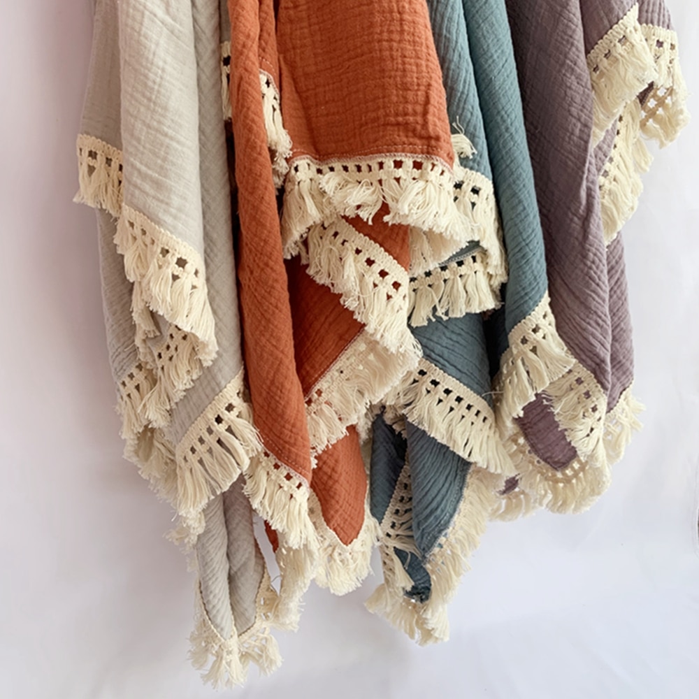 Cotton Muslin Baby Swaddle Blanket with Tassels Cotton Muslin Baby Swaddle Blanket with Tassels