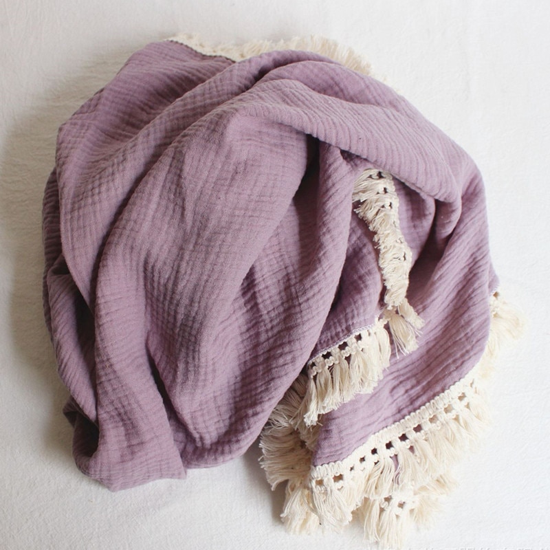 Cotton Muslin Baby Swaddle Blanket with Tassels Cotton Muslin Baby Swaddle Blanket with Tassels