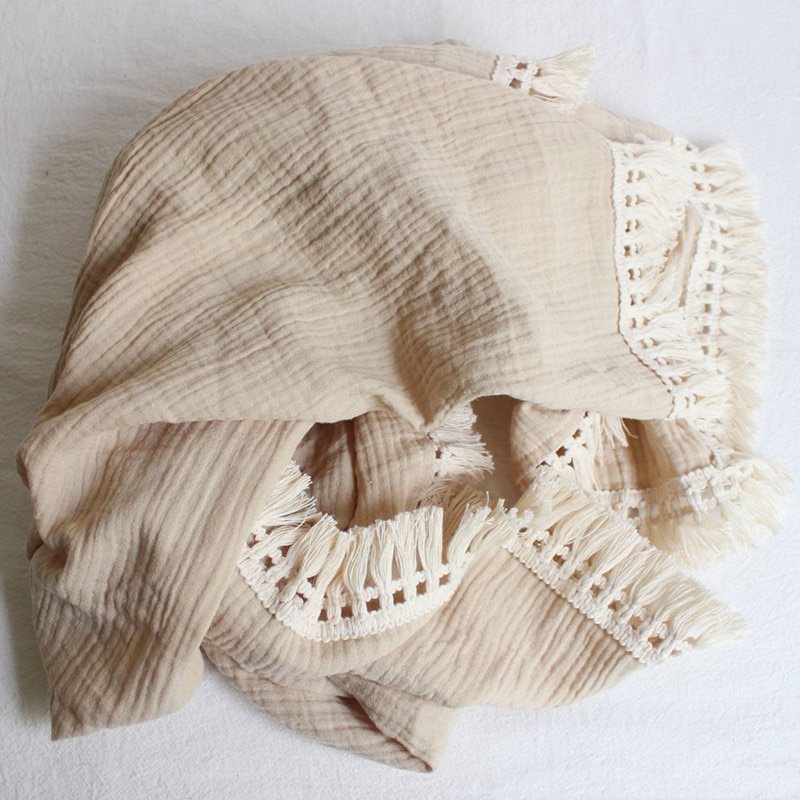 Cotton Muslin Baby Swaddle Blanket with Tassels Cotton Muslin Baby Swaddle Blanket with Tassels