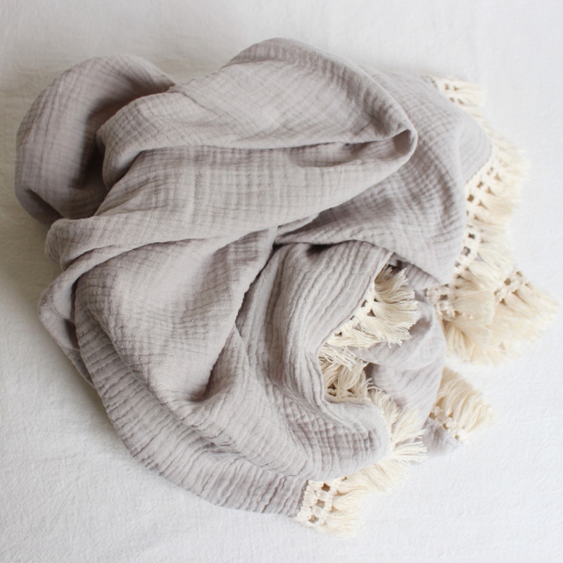 Cotton Muslin Baby Swaddle Blanket with Tassels Cotton Muslin Baby Swaddle Blanket with Tassels