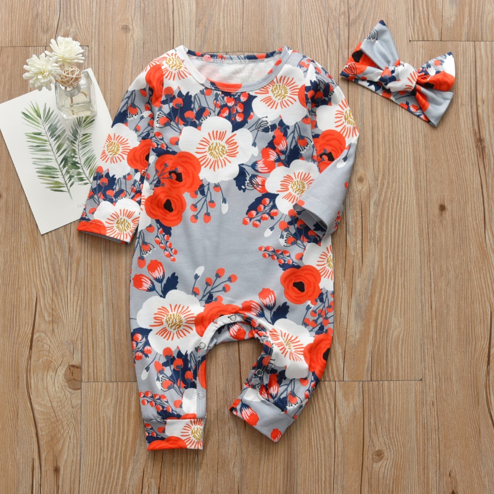 Baby Girl's Floral Print Romper and Headband Set Baby Girl's Floral Print Romper and Headband Set