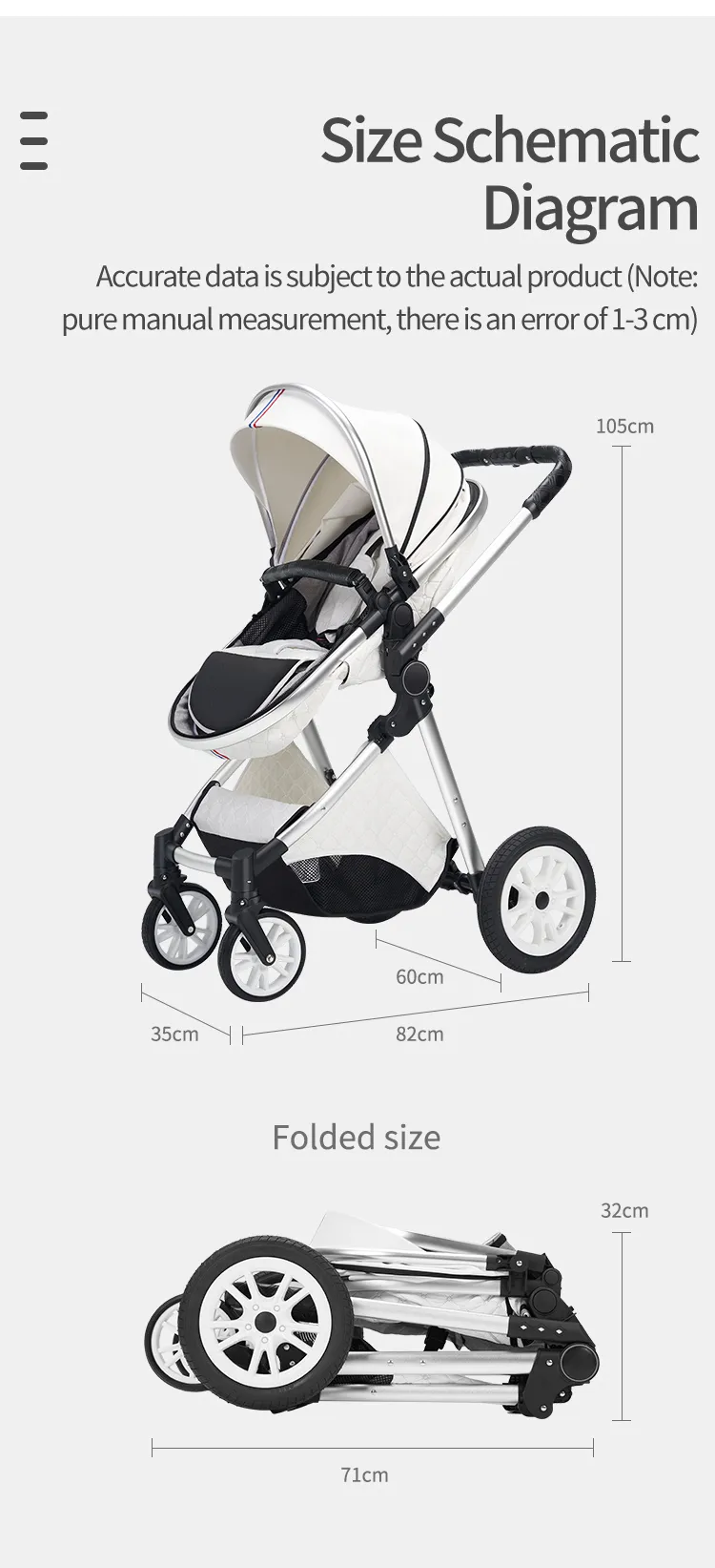 Baby Stroller 3 in 1, Travel System High Landscape Stroller with bassinet  in Folding Carriage for Newborns baby Shock Proof Car