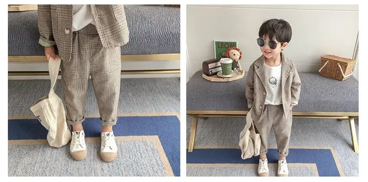 Spring Autumn children's clothing Suit Kids Clothes Boys V-Neck Tops + pants 2 piece set Plaid Formal wear 2-10Y Thin Outerwear
