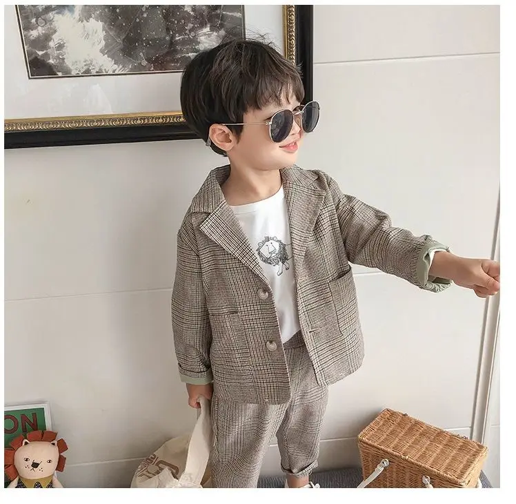 Spring Autumn children's clothing Suit Kids Clothes Boys V-Neck Tops + pants 2 piece set Plaid Formal wear 2-10Y Thin Outerwear