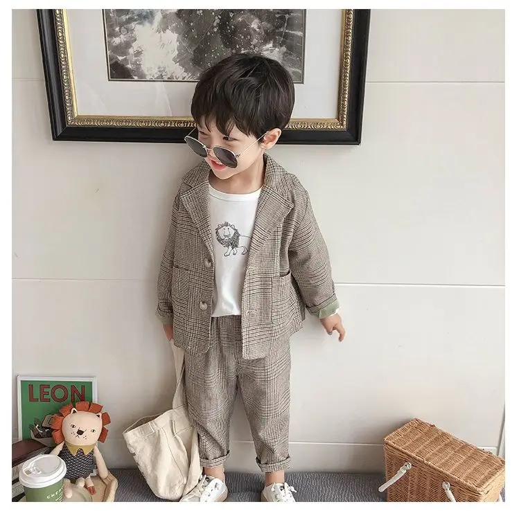 Spring Autumn children's clothing Suit Kids Clothes Boys V-Neck Tops + pants 2 piece set Plaid Formal wear 2-10Y Thin Outerwear