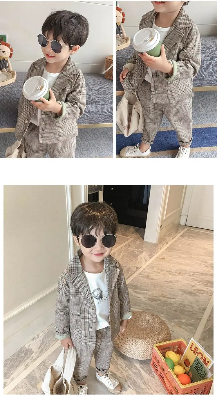 Spring Autumn children's clothing Suit Kids Clothes Boys V-Neck Tops + pants 2 piece set Plaid Formal wear 2-10Y Thin Outerwear