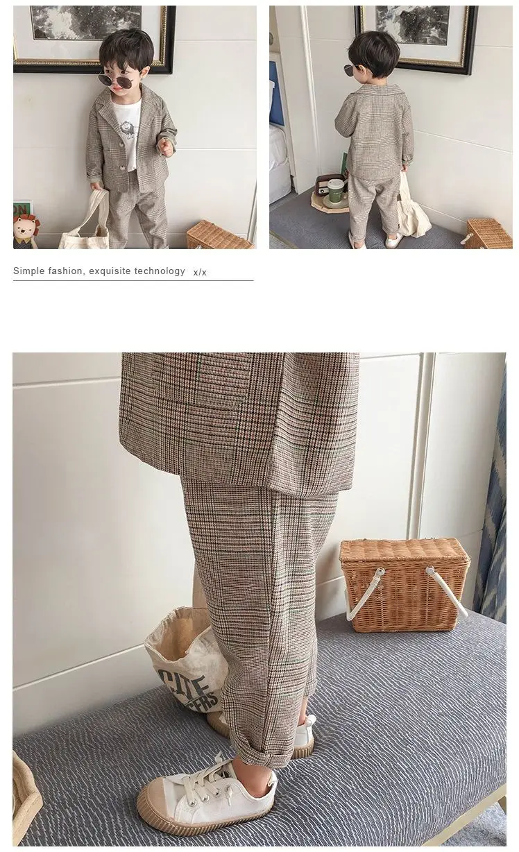 Spring Autumn children's clothing Suit Kids Clothes Boys V-Neck Tops + pants 2 piece set Plaid Formal wear 2-10Y Thin Outerwear