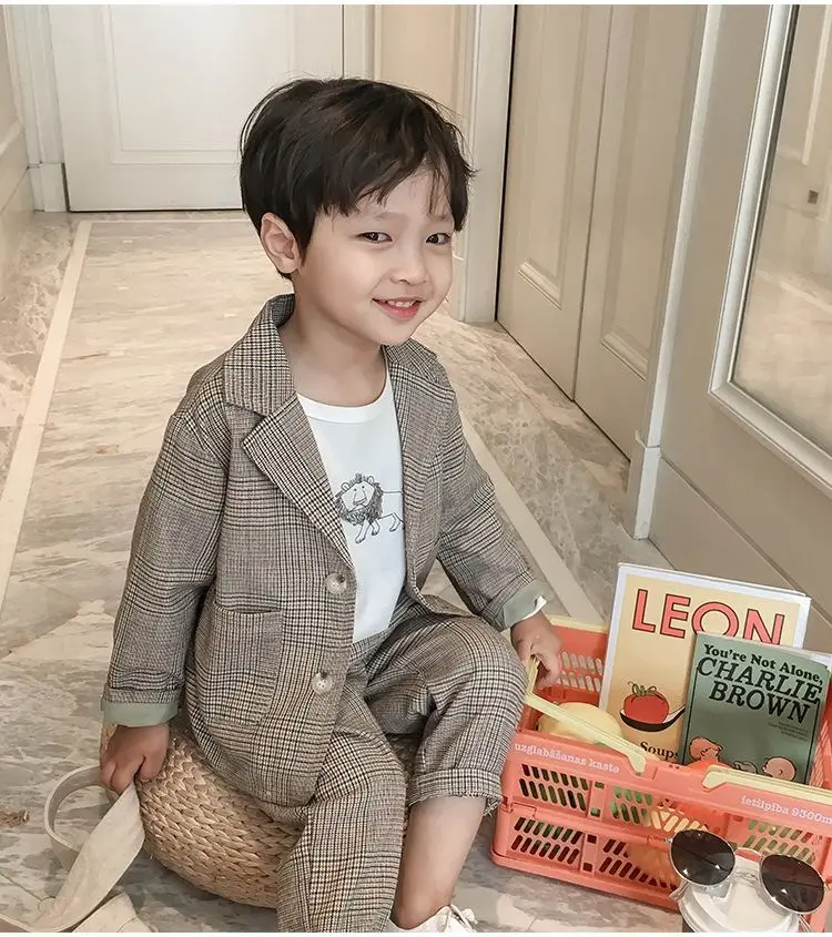 Spring Autumn children's clothing Suit Kids Clothes Boys V-Neck Tops + pants 2 piece set Plaid Formal wear 2-10Y Thin Outerwear