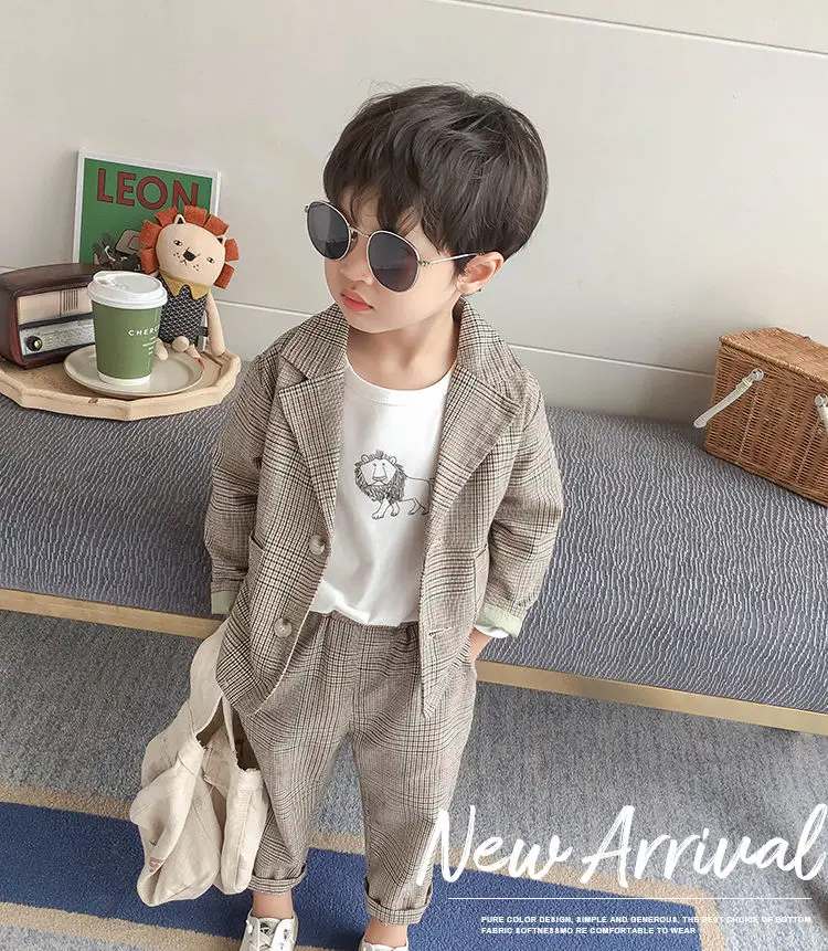 Spring Autumn children's clothing Suit Kids Clothes Boys V-Neck Tops + pants 2 piece set Plaid Formal wear 2-10Y Thin Outerwear