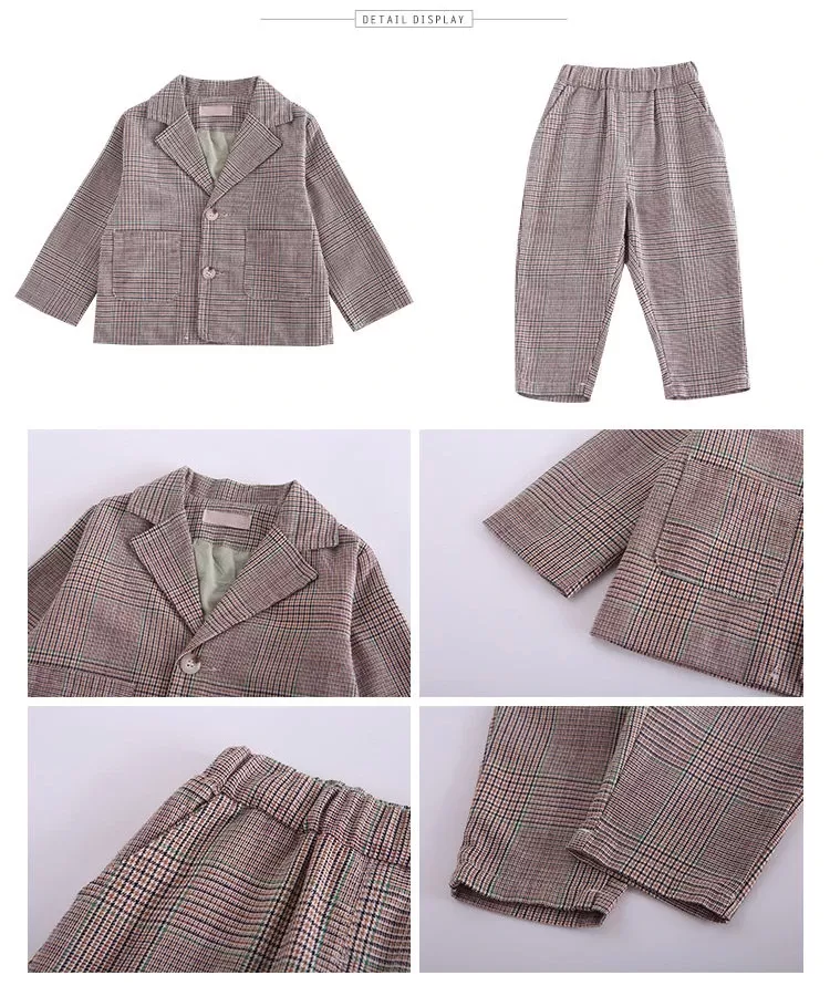 Spring Autumn children's clothing Suit Kids Clothes Boys V-Neck Tops + pants 2 piece set Plaid Formal wear 2-10Y Thin Outerwear