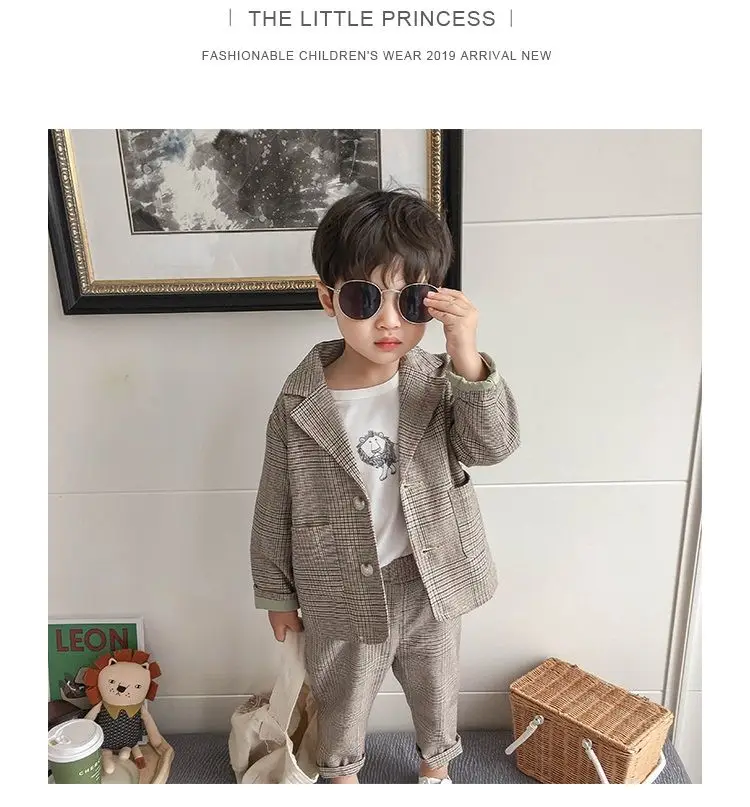 Spring Autumn children's clothing Suit Kids Clothes Boys V-Neck Tops + pants 2 piece set Plaid Formal wear 2-10Y Thin Outerwear