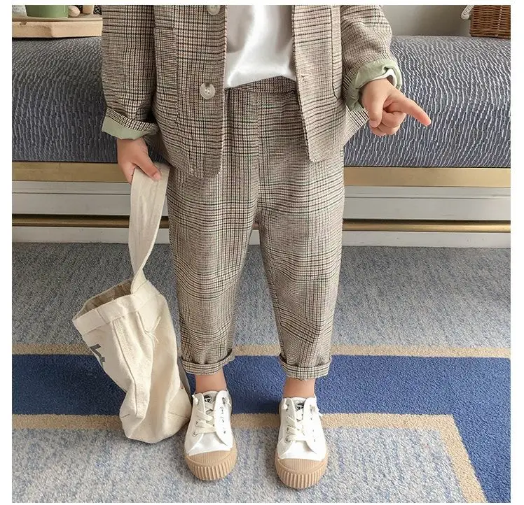 Spring Autumn children's clothing Suit Kids Clothes Boys V-Neck Tops + pants 2 piece set Plaid Formal wear 2-10Y Thin Outerwear