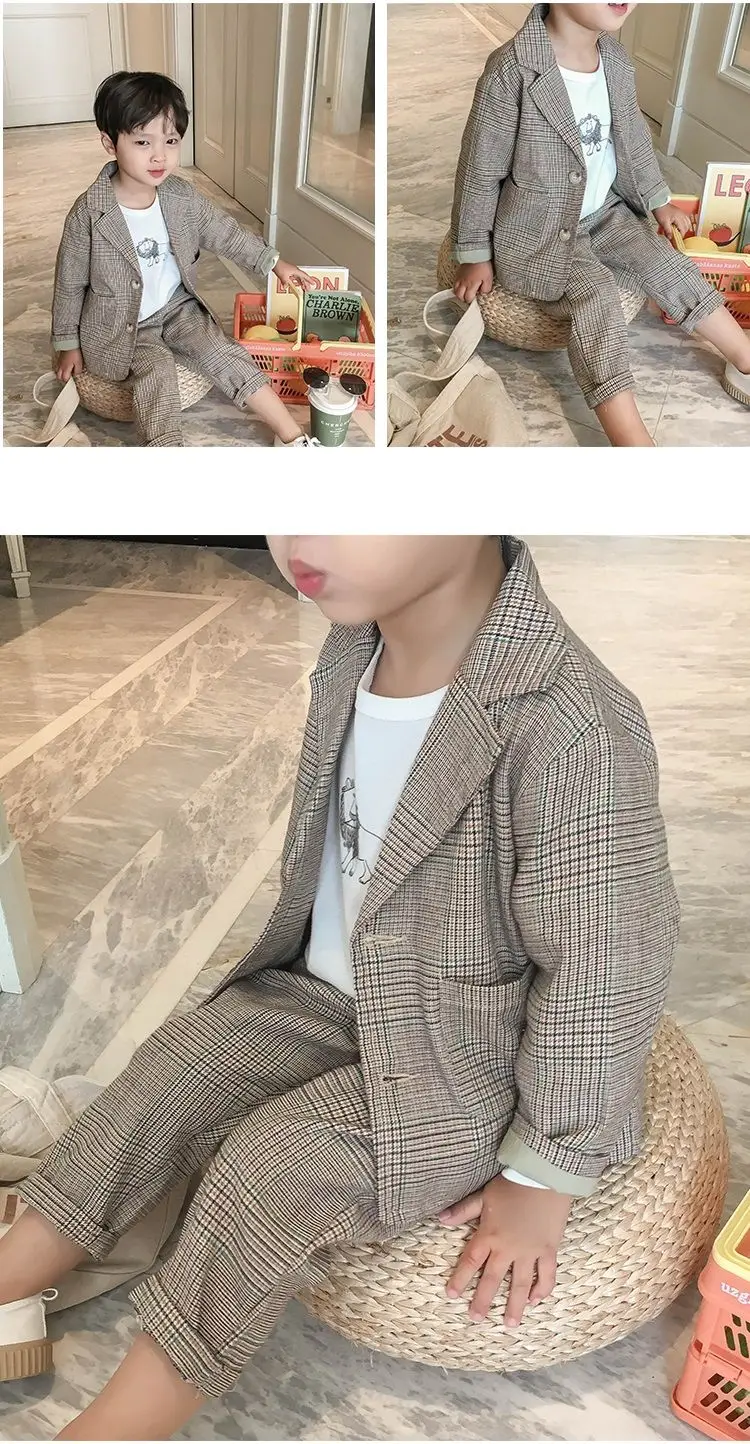 Spring Autumn children's clothing Suit Kids Clothes Boys V-Neck Tops + pants 2 piece set Plaid Formal wear 2-10Y Thin Outerwear