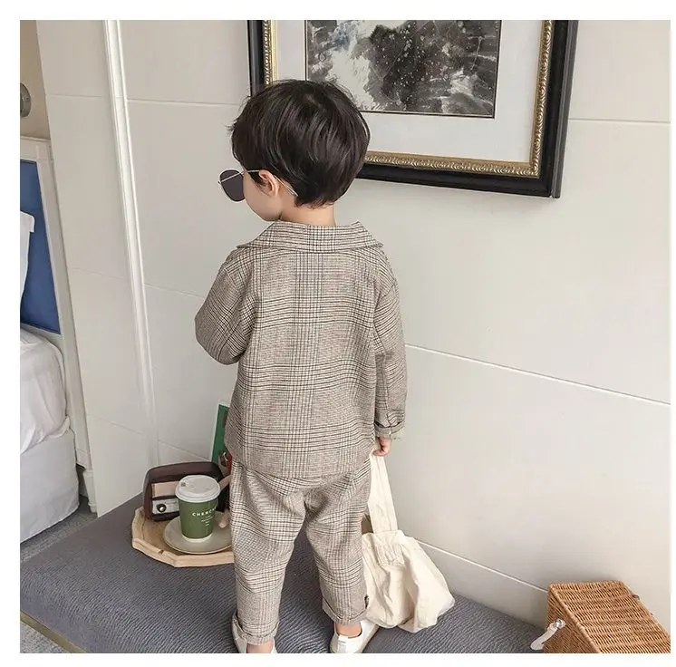Spring Autumn children's clothing Suit Kids Clothes Boys V-Neck Tops + pants 2 piece set Plaid Formal wear 2-10Y Thin Outerwear