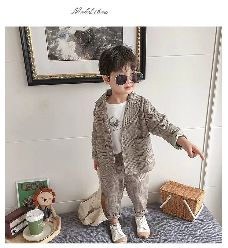 Spring Autumn children's clothing Suit Kids Clothes Boys V-Neck Tops + pants 2 piece set Plaid Formal wear 2-10Y Thin Outerwear