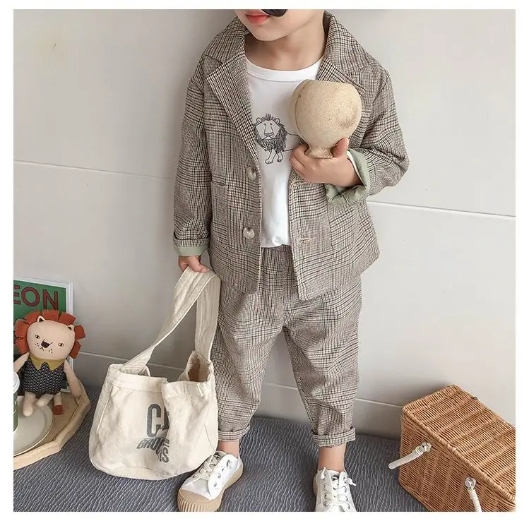 Spring Autumn children's clothing Suit Kids Clothes Boys V-Neck Tops + pants 2 piece set Plaid Formal wear 2-10Y Thin Outerwear