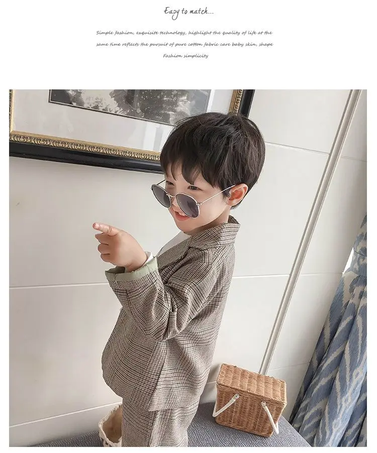 Spring Autumn children's clothing Suit Kids Clothes Boys V-Neck Tops + pants 2 piece set Plaid Formal wear 2-10Y Thin Outerwear