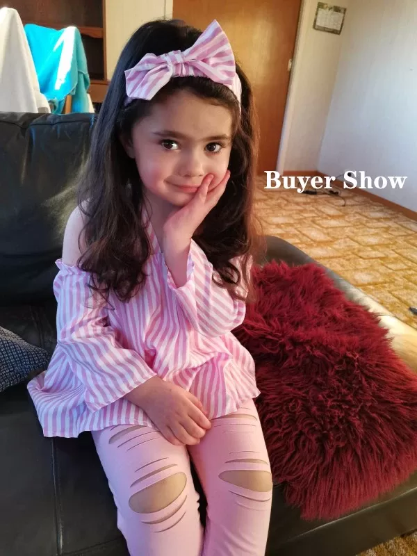 1-7Y Fashion Children Kids Girl 3Pcs Summer Outfit Off Shoulder Stripe Tops+Ripped Pants+Headbands Set Outfit Kid Girls Clothes 1-7Y Fashion Children Kids Girl 3Pcs Summer Outfit Off Shoulder Stripe Tops+Ripped Pants+Headbands Set Outfit Kid Girls Clothes