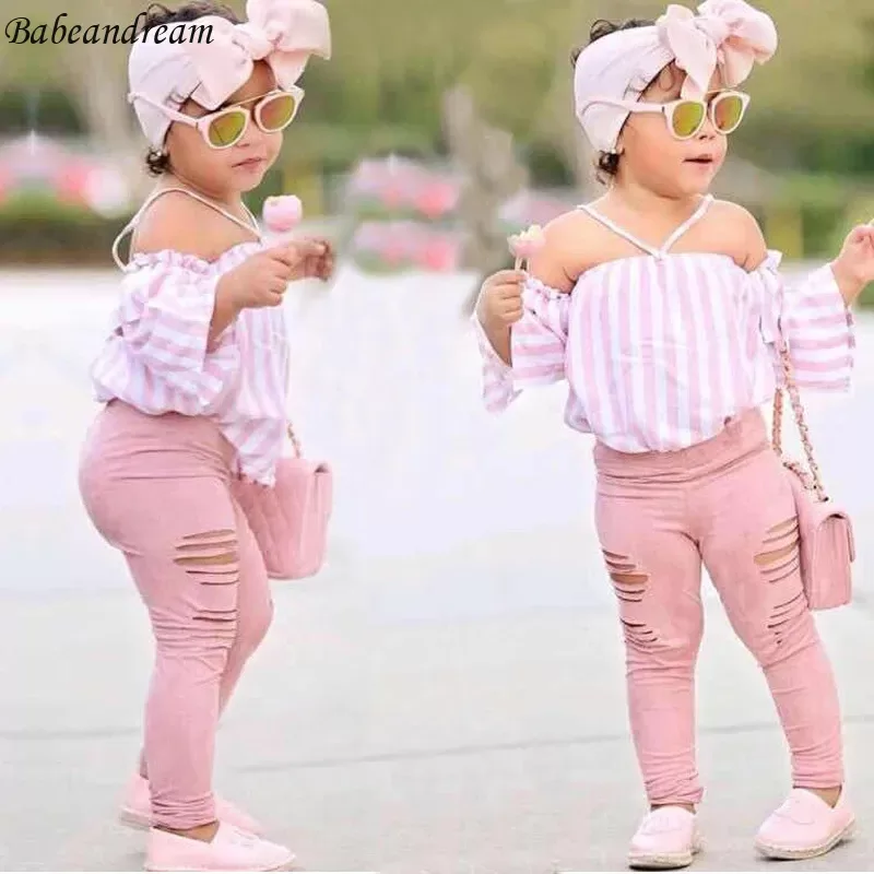 1-7Y Fashion Children Kids Girl 3Pcs Summer Outfit Off Shoulder Stripe Tops+Ripped Pants+Headbands Set Outfit Kid Girls Clothes 1-7Y Fashion Children Kids Girl 3Pcs Summer Outfit Off Shoulder Stripe Tops+Ripped Pants+Headbands Set Outfit Kid Girls Clothes