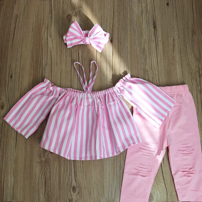 1-7Y Fashion Children Kids Girl 3Pcs Summer Outfit Off Shoulder Stripe Tops+Ripped Pants+Headbands Set Outfit Kid Girls Clothes 1-7Y Fashion Children Kids Girl 3Pcs Summer Outfit Off Shoulder Stripe Tops+Ripped Pants+Headbands Set Outfit Kid Girls Clothes