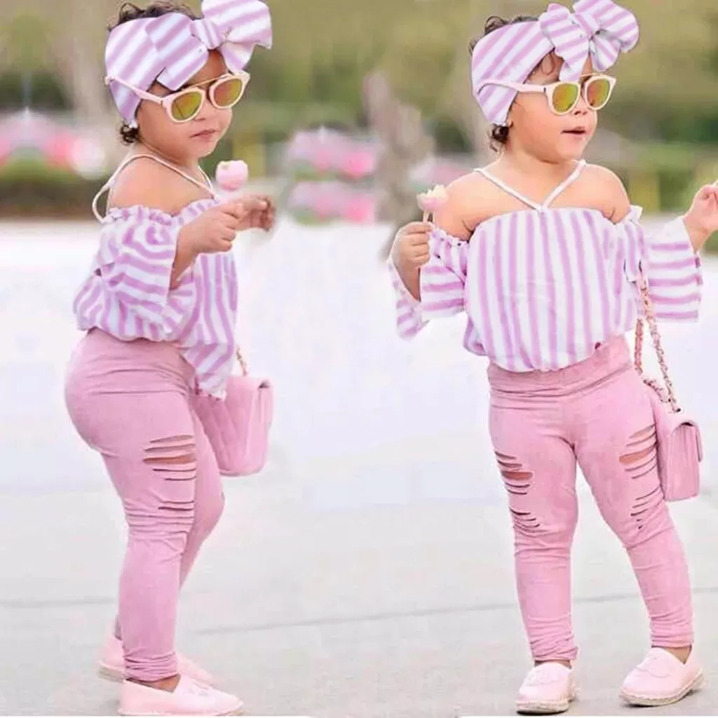 1-7Y Fashion Children Kids Girl 3Pcs Summer Outfit Off Shoulder Stripe Tops+Ripped Pants+Headbands Set Outfit Kid Girls Clothes 1-7Y Fashion Children Kids Girl 3Pcs Summer Outfit Off Shoulder Stripe Tops+Ripped Pants+Headbands Set Outfit Kid Girls Clothes