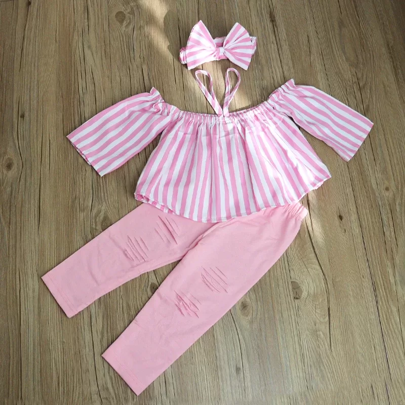 1-7Y Fashion Children Kids Girl 3Pcs Summer Outfit Off Shoulder Stripe Tops+Ripped Pants+Headbands Set Outfit Kid Girls Clothes 1-7Y Fashion Children Kids Girl 3Pcs Summer Outfit Off Shoulder Stripe Tops+Ripped Pants+Headbands Set Outfit Kid Girls Clothes