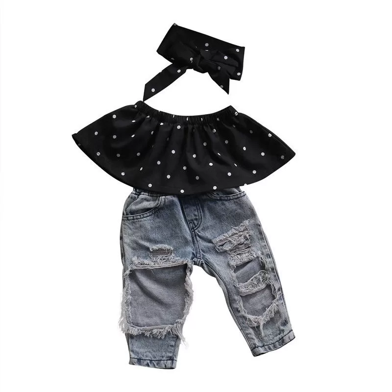 3pcs Baby Girl Summer Clothes Set Dot Sleeveless Top Vest Hole Jeans Pants Bow Headband Outfits Fashion Casual Kids Clothing Set 3pcs Baby Girl Summer Clothes Set Dot Sleeveless Top Vest Hole Jeans Pants Bow Headband Outfits Fashion Casual Kids Clothing Set