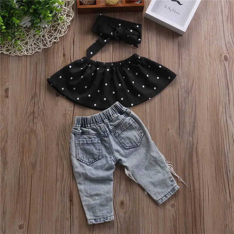 3pcs Baby Girl Summer Clothes Set Dot Sleeveless Top Vest Hole Jeans Pants Bow Headband Outfits Fashion Casual Kids Clothing Set 3pcs Baby Girl Summer Clothes Set Dot Sleeveless Top Vest Hole Jeans Pants Bow Headband Outfits Fashion Casual Kids Clothing Set