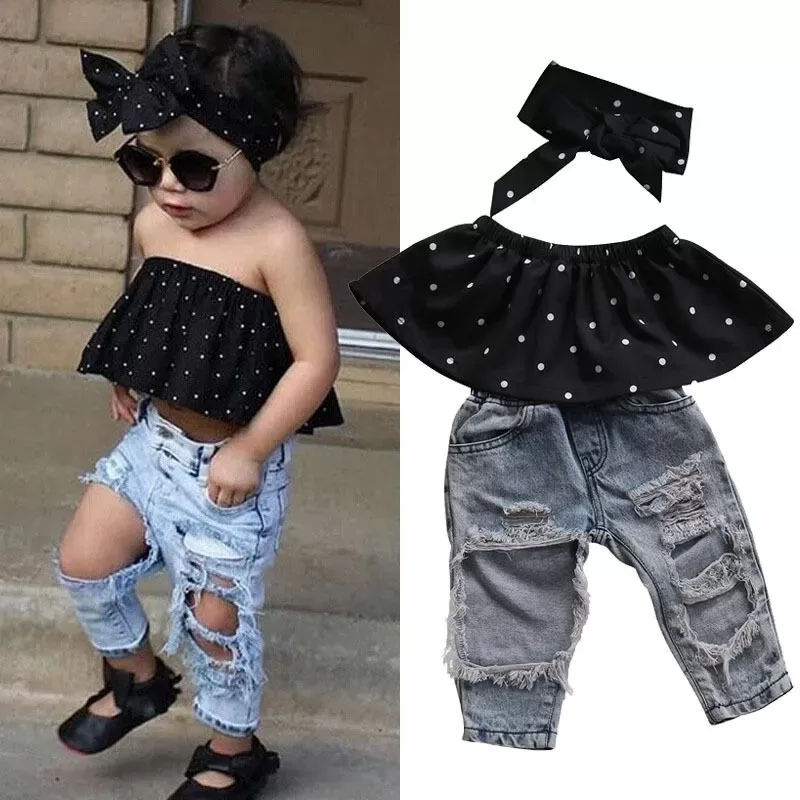 3pcs Baby Girl Summer Clothes Set Dot Sleeveless Top Vest Hole Jeans Pants Bow Headband Outfits Fashion Casual Kids Clothing Set 3pcs Baby Girl Summer Clothes Set Dot Sleeveless Top Vest Hole Jeans Pants Bow Headband Outfits Fashion Casual Kids Clothing Set