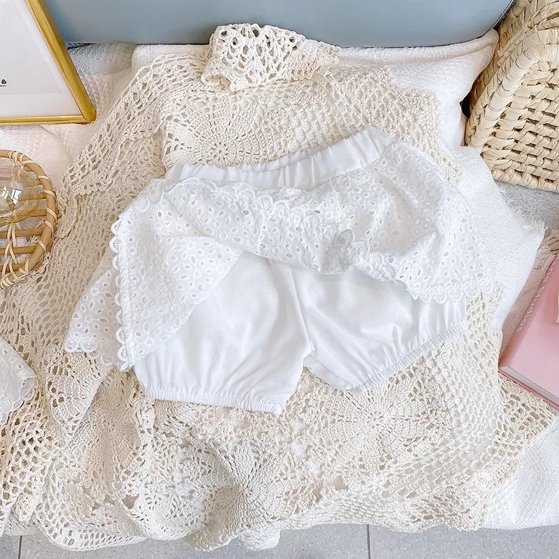 Girls 2022 Summer Clothing Sets Hollow Lace Suit Baby Casual Sleeveless T-shirt+Shorts Kids Clothing Sets Baby Clothes Outfits