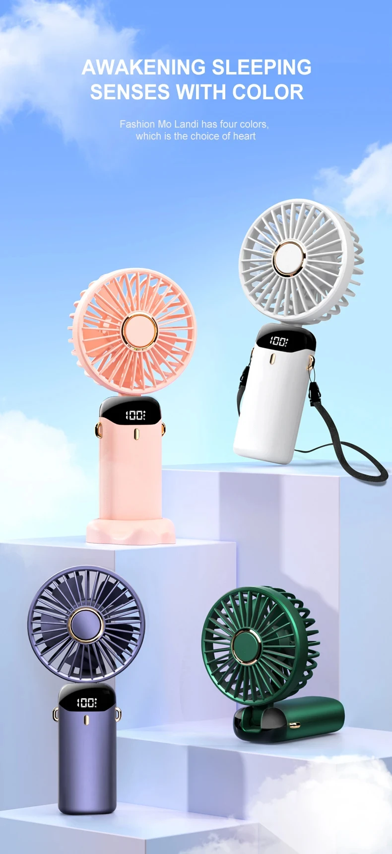 Portable Handheld Mini Fan Foldable Neck Hanging Fans 5 Speed Cooler USB Rechargeable Fan with Phone Stand and Display Screen