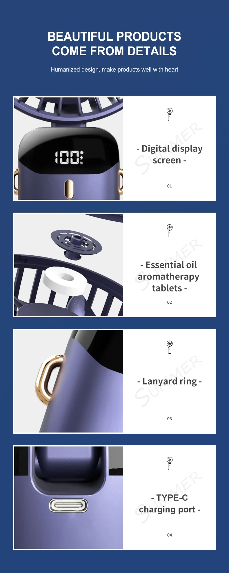 Portable Handheld Mini Fan Foldable Neck Hanging Fans 5 Speed Cooler USB Rechargeable Fan with Phone Stand and Display Screen