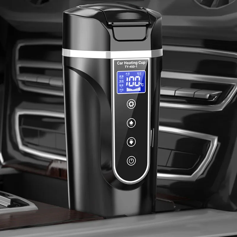 Smart Car Electric Kettle Portable Heating Cup for Coffee Tea Milk 450ML Auto Travelling Thermos Cup BPA-Free LCD Display