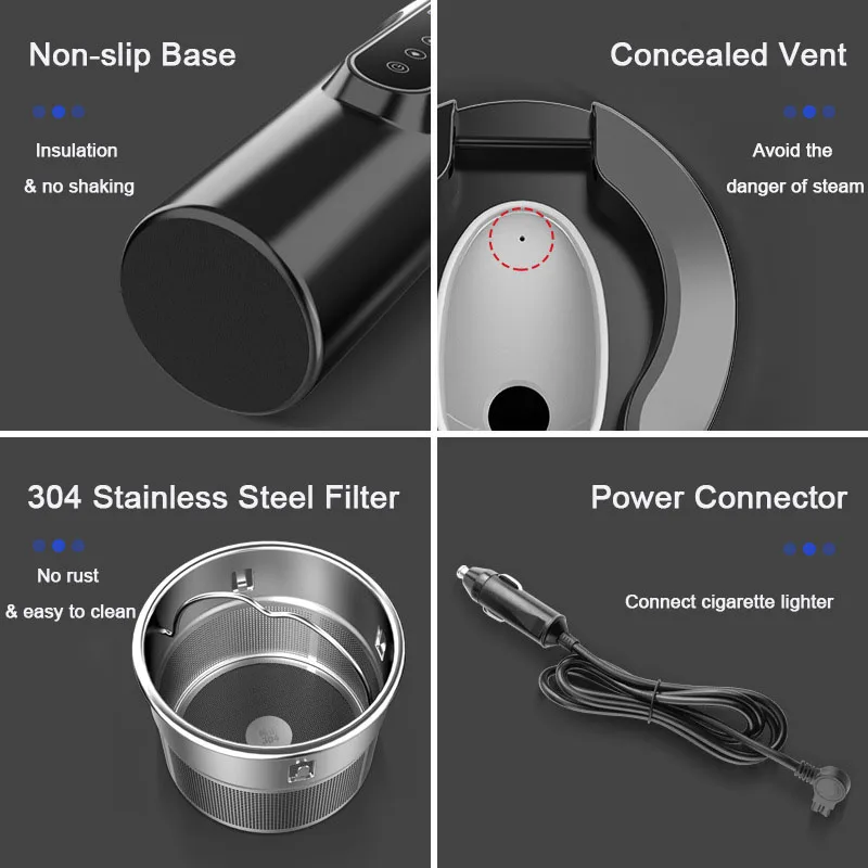 Smart Car Electric Kettle Portable Heating Cup for Coffee Tea Milk 450ML Auto Travelling Thermos Cup BPA-Free LCD Display