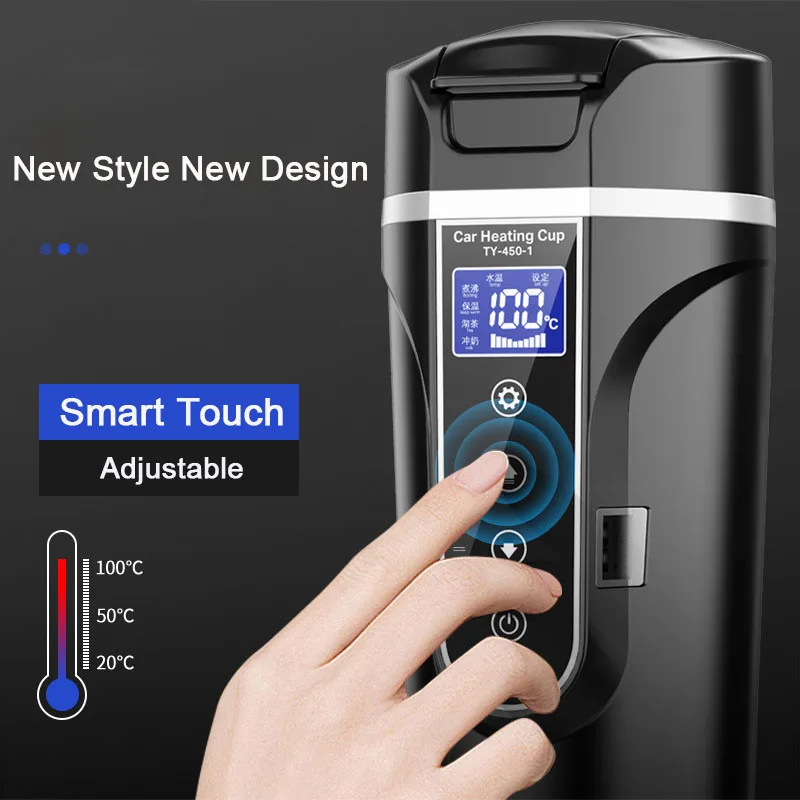 Smart Car Electric Kettle Portable Heating Cup for Coffee Tea Milk 450ML Auto Travelling Thermos Cup BPA-Free LCD Display