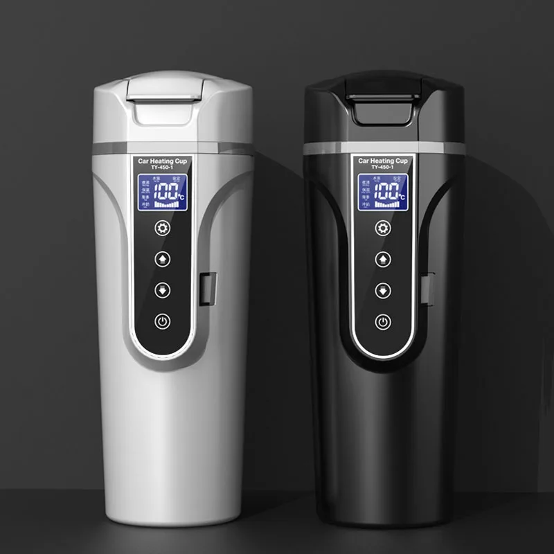 Smart Car Electric Kettle Portable Heating Cup for Coffee Tea Milk 450ML Auto Travelling Thermos Cup BPA-Free LCD Display