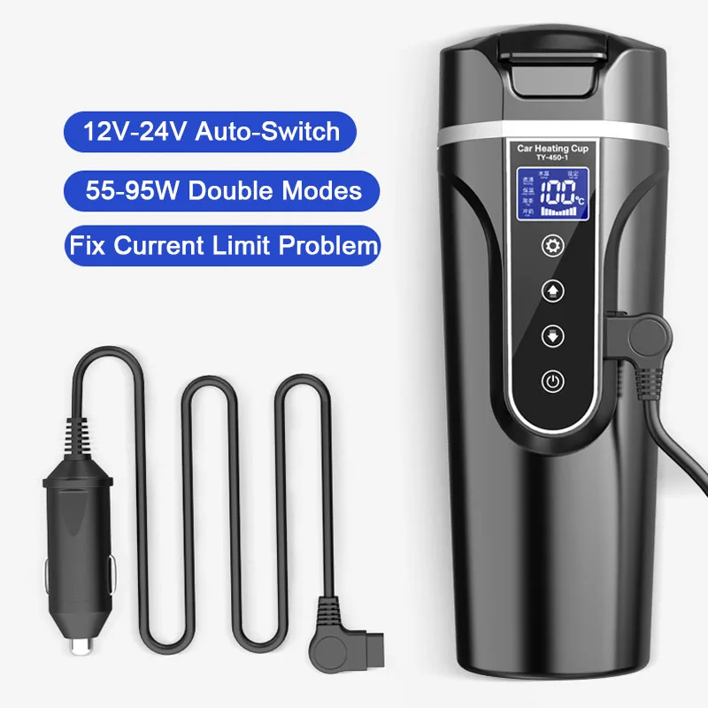 Smart Car Electric Kettle Portable Heating Cup for Coffee Tea Milk 450ML Auto Travelling Thermos Cup BPA-Free LCD Display