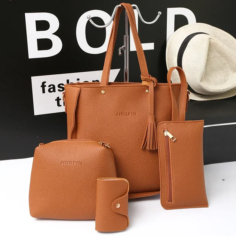 New 2023 New Large Capacity Lychee Pattern Handbags Women's European and American Retro Fashion Tassel Four-Piece Women's Bag New 2023 New Large Capacity Lychee Pattern Handbags Women's European and American Retro Fashion Tassel Four-Piece Women's Bag