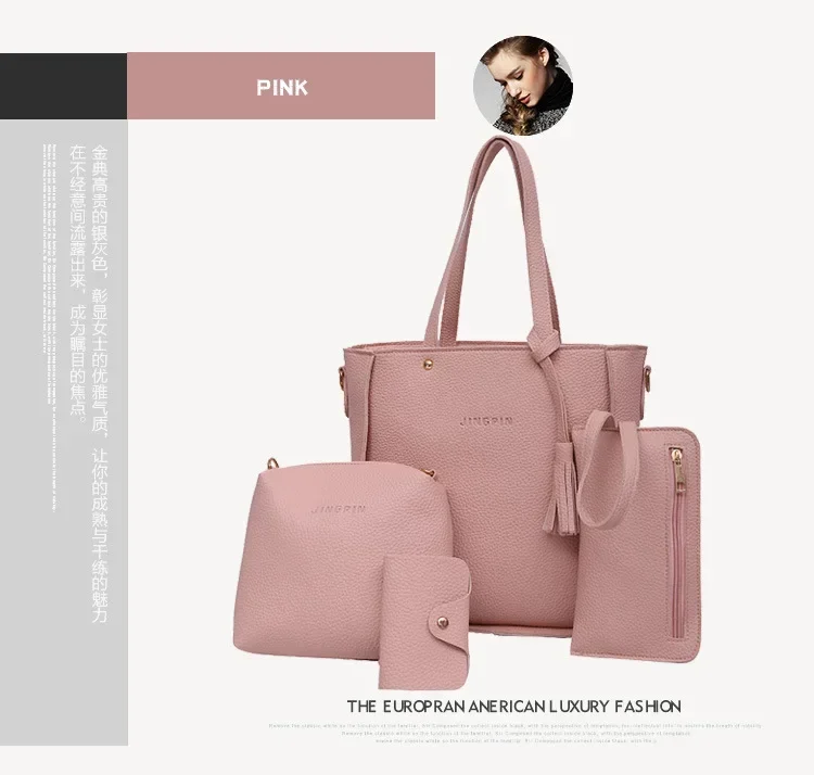 New 2023 New Large Capacity Lychee Pattern Handbags Women's European and American Retro Fashion Tassel Four-Piece Women's Bag New 2023 New Large Capacity Lychee Pattern Handbags Women's European and American Retro Fashion Tassel Four-Piece Women's Bag