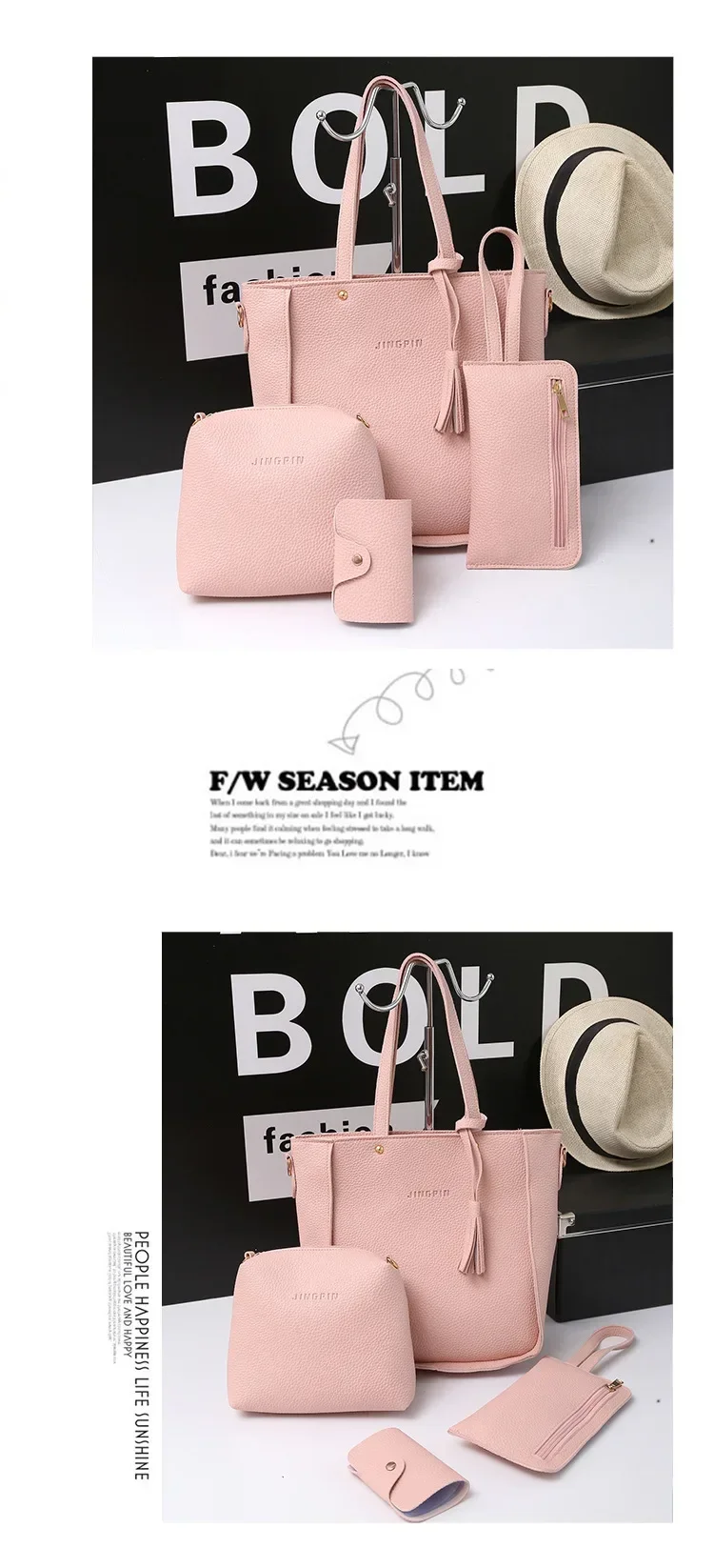 New 2023 New Large Capacity Lychee Pattern Handbags Women's European and American Retro Fashion Tassel Four-Piece Women's Bag New 2023 New Large Capacity Lychee Pattern Handbags Women's European and American Retro Fashion Tassel Four-Piece Women's Bag