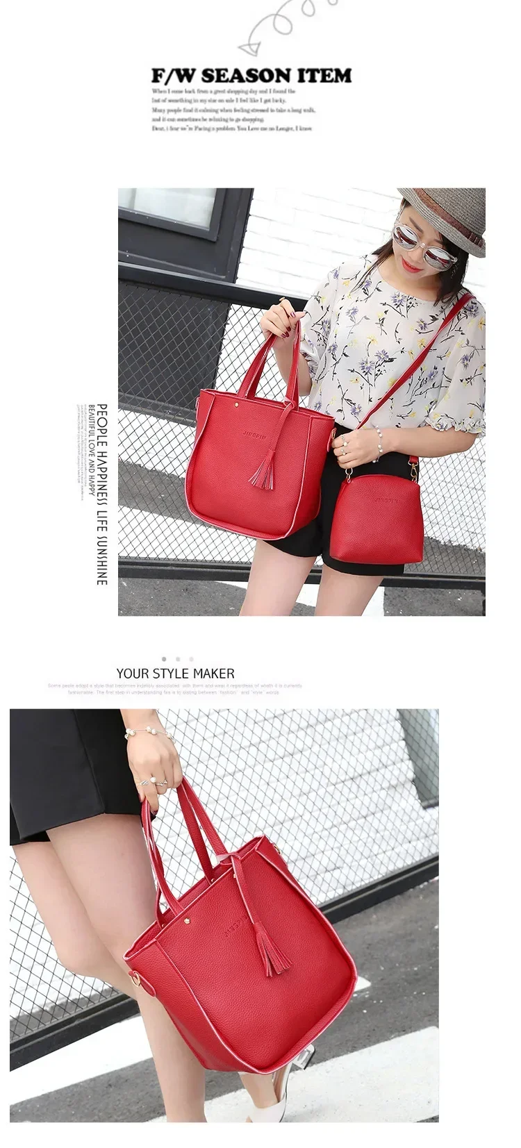 New 2023 New Large Capacity Lychee Pattern Handbags Women's European and American Retro Fashion Tassel Four-Piece Women's Bag New 2023 New Large Capacity Lychee Pattern Handbags Women's European and American Retro Fashion Tassel Four-Piece Women's Bag