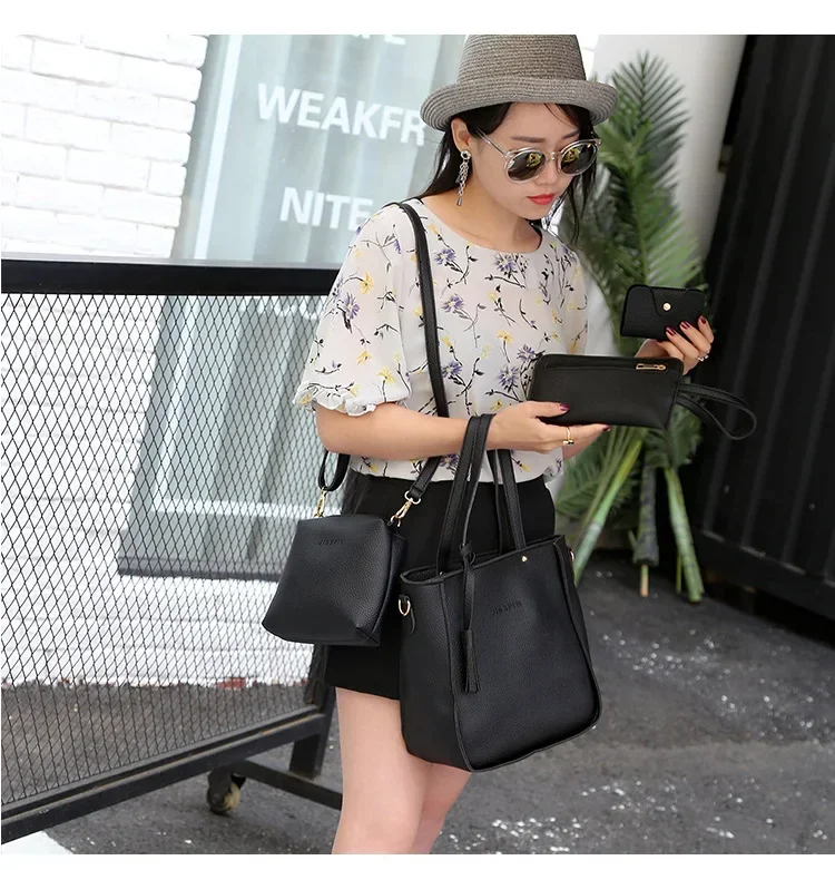 New 2023 New Large Capacity Lychee Pattern Handbags Women's European and American Retro Fashion Tassel Four-Piece Women's Bag New 2023 New Large Capacity Lychee Pattern Handbags Women's European and American Retro Fashion Tassel Four-Piece Women's Bag