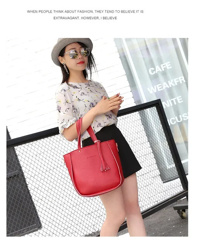 New 2023 New Large Capacity Lychee Pattern Handbags Women's European and American Retro Fashion Tassel Four-Piece Women's Bag New 2023 New Large Capacity Lychee Pattern Handbags Women's European and American Retro Fashion Tassel Four-Piece Women's Bag