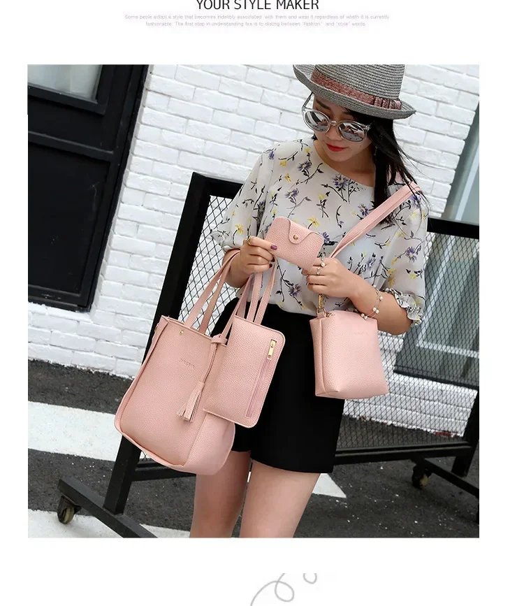 New 2023 New Large Capacity Lychee Pattern Handbags Women's European and American Retro Fashion Tassel Four-Piece Women's Bag New 2023 New Large Capacity Lychee Pattern Handbags Women's European and American Retro Fashion Tassel Four-Piece Women's Bag