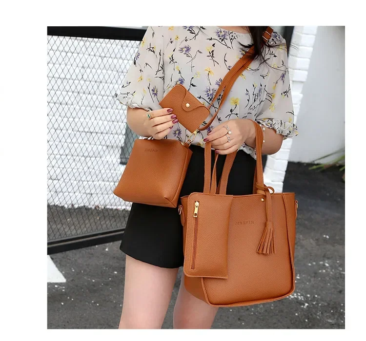 New 2023 New Large Capacity Lychee Pattern Handbags Women's European and American Retro Fashion Tassel Four-Piece Women's Bag New 2023 New Large Capacity Lychee Pattern Handbags Women's European and American Retro Fashion Tassel Four-Piece Women's Bag