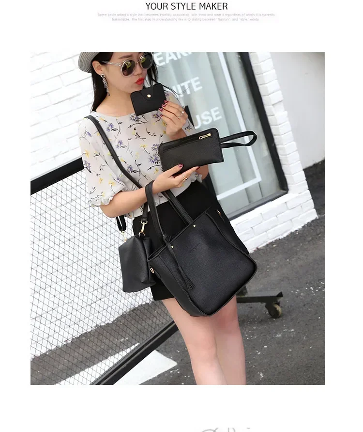 New 2023 New Large Capacity Lychee Pattern Handbags Women's European and American Retro Fashion Tassel Four-Piece Women's Bag New 2023 New Large Capacity Lychee Pattern Handbags Women's European and American Retro Fashion Tassel Four-Piece Women's Bag