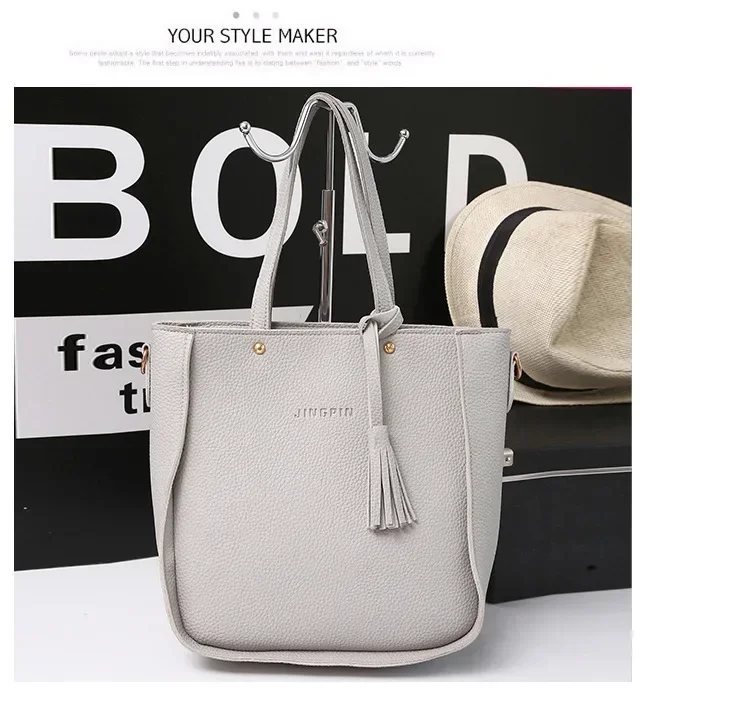 New 2023 New Large Capacity Lychee Pattern Handbags Women's European and American Retro Fashion Tassel Four-Piece Women's Bag New 2023 New Large Capacity Lychee Pattern Handbags Women's European and American Retro Fashion Tassel Four-Piece Women's Bag