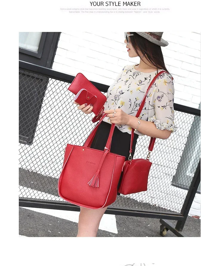 New 2023 New Large Capacity Lychee Pattern Handbags Women's European and American Retro Fashion Tassel Four-Piece Women's Bag New 2023 New Large Capacity Lychee Pattern Handbags Women's European and American Retro Fashion Tassel Four-Piece Women's Bag